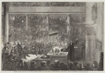 Il professor Faraday che tiene una lezione alla Royal Institution, davanti a SAR il Principe di Galles e il Principe Alberto